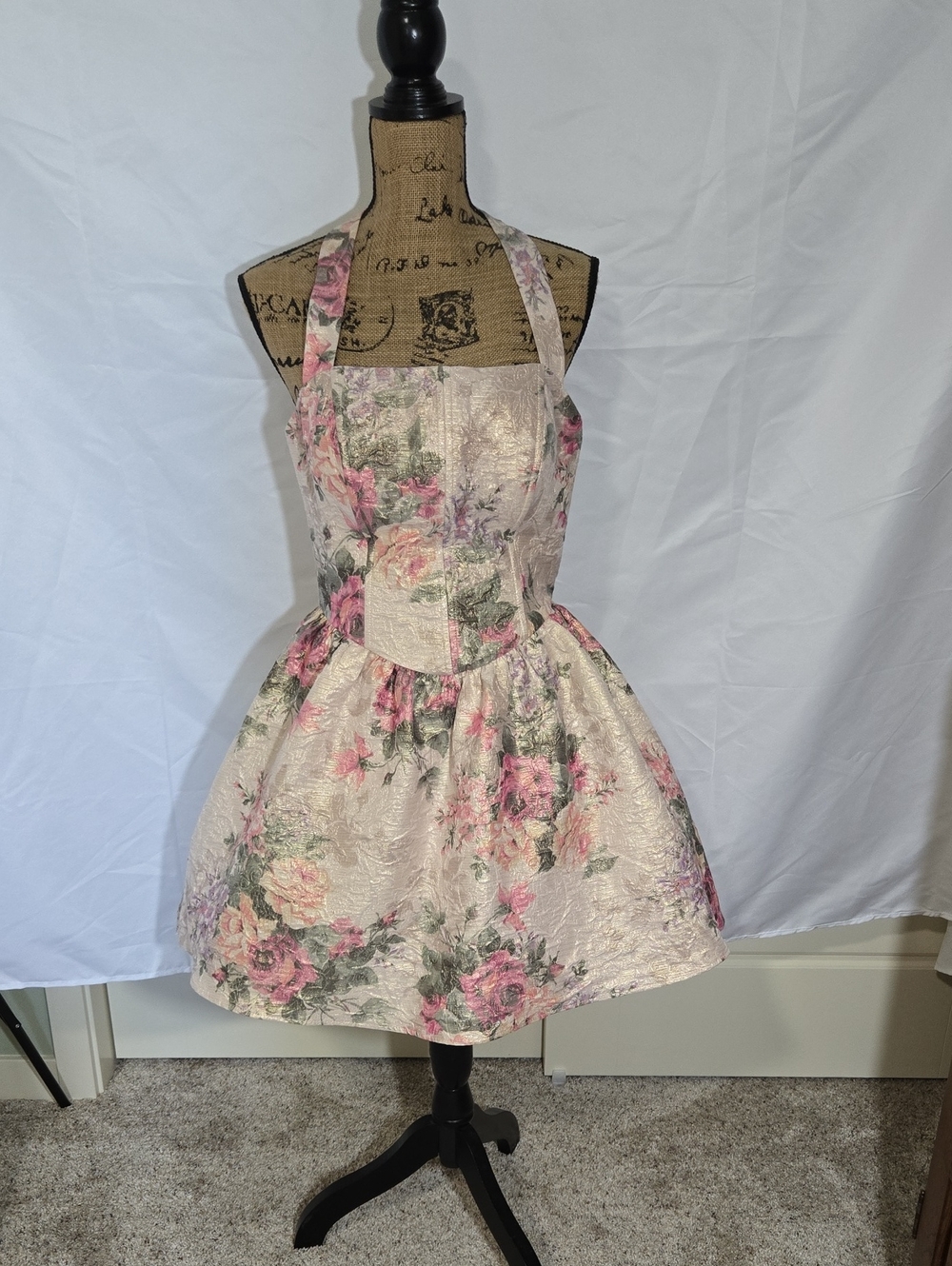 Pink Floral Halter Mini Dress with Textured Fabric